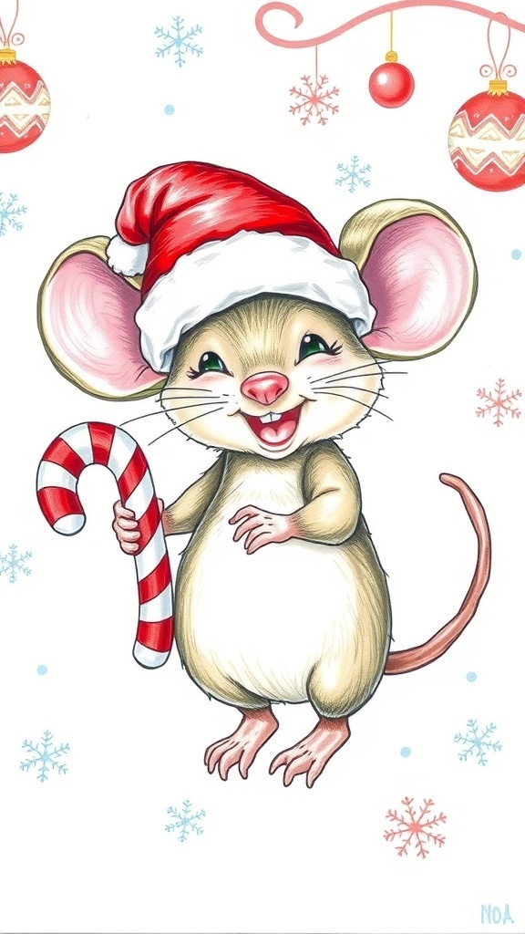 Christmas Mouse Drawing Recipe A cute Christmas mouse drawing with a Santa hat and candy cane, surrounded by holiday decorations.
